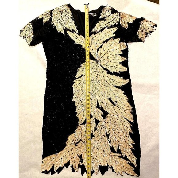 Vintage 80s Sho Max sequin dress opalescent creme black leaf design art nouveau - Picture 5 of 15